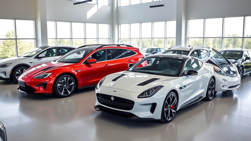 Lineup of diverse vehicles including sports car, family SUV, and electric vehicle parked together, modern dealership setting, bright daylight
