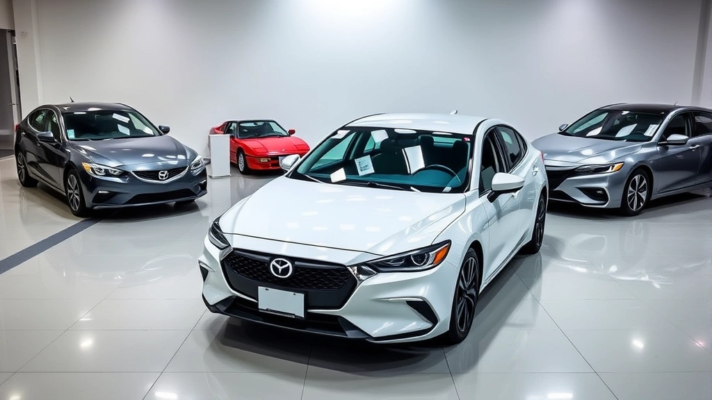 Multiple 2024 sedans parked in modern showroom setting including Mazda6, Toyota Camry, Honda Accord, professional lighting, clean background