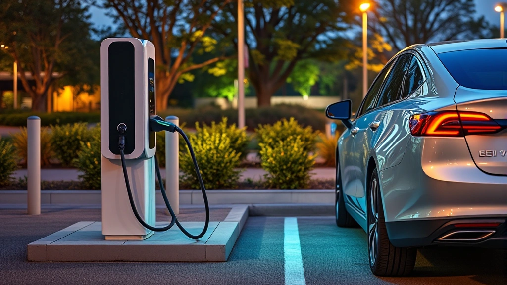 Electric vehicle charging station with modern EV sedan connected, showing contemporary sustainable transportation technology and clean energy infrastructure