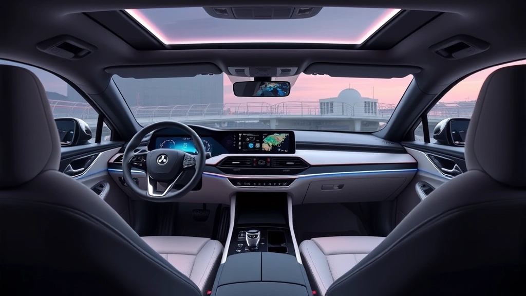 Minimalist luxury car interior with large digital display, soft-touch materials, ambient lighting, clean dashboard, spacious seating, contemporary aesthetic