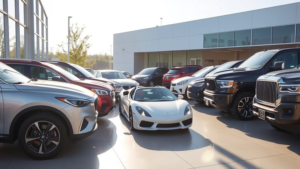 Lineup of diverse vehicles including sedan, SUV, sports car, and pickup truck parked in modern dealership lot, morning sunlight, clean professional presentation