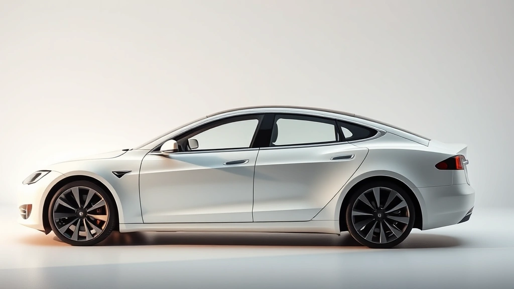 Tesla Model S Long Range electric sedan in pearl white, shot from side profile highlighting minimalist design, panoramic glass roof, and aerodynamic wheels, modern luxury aesthetic, studio lighting