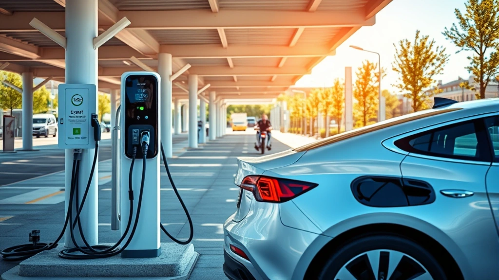 Electric car charging at public DC fast charging station with multiple cable options available, contemporary infrastructure, bright daylight, professional installation visible