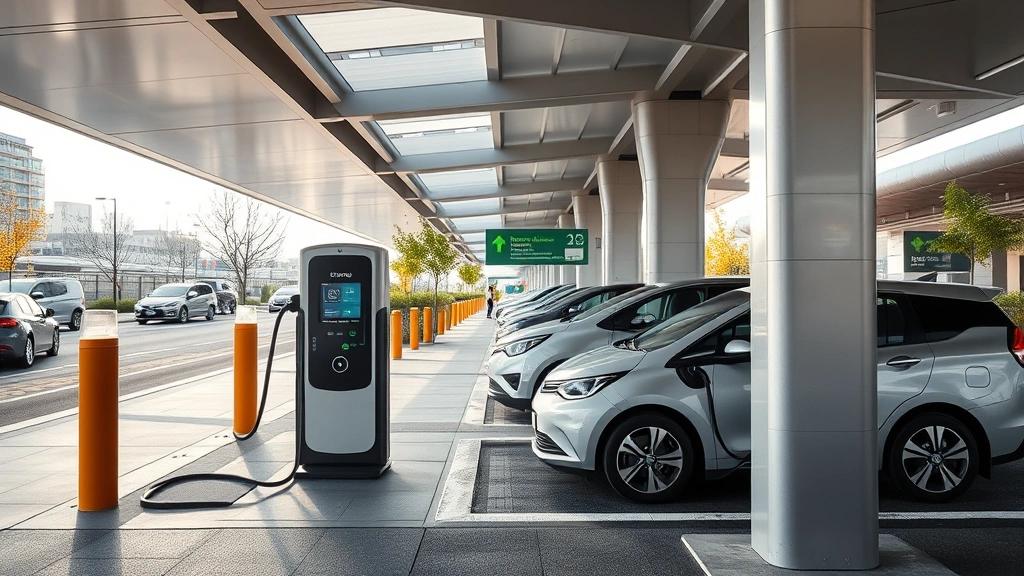 Electric vehicle charging at modern public station, sleek design, natural daylight, emphasizing sustainable transportation and contemporary infrastructure