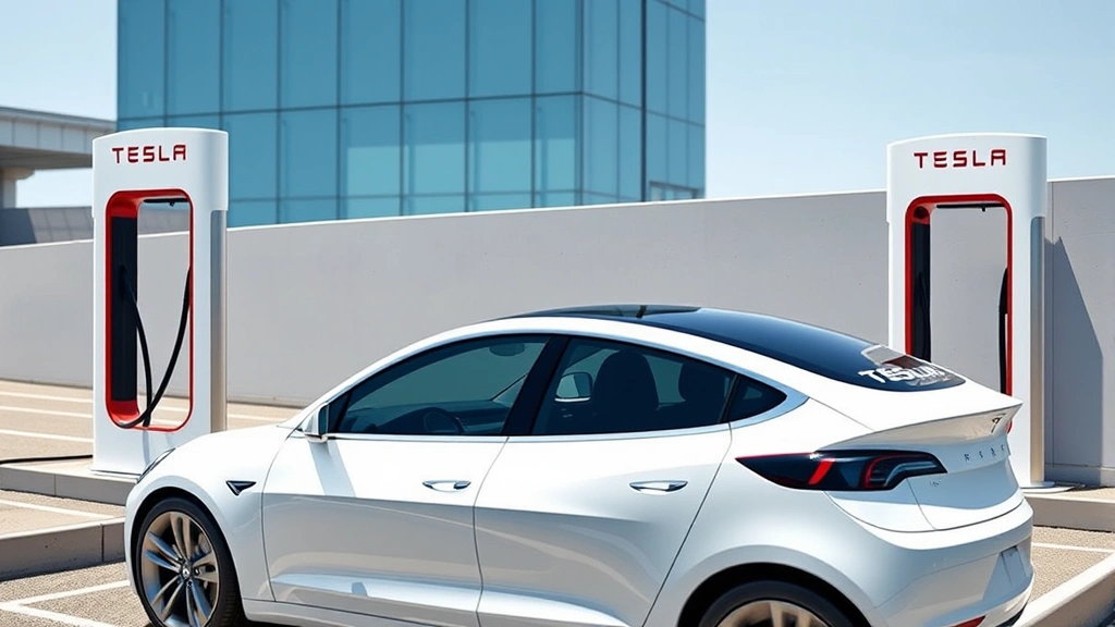 Tesla Model 3 Performance electric vehicle charging at modern Tesla Supercharger station, sleek white sedan, futuristic technology environment, bright daylight