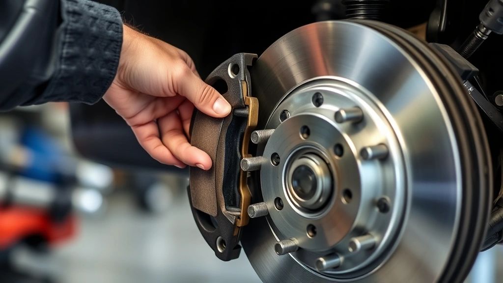Close-up of hands replacing brake pads on vehicle wheel, showing technical precision and proper maintenance procedure in professional automotive setting