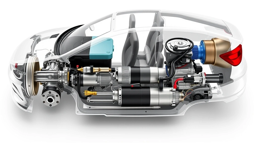 Detailed cutaway diagram visualization of hybrid powertrain components: battery pack, electric motor, gasoline engine, and transmission system integration