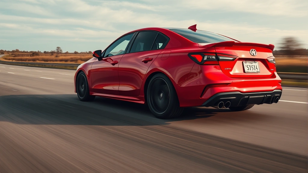 High-performance red sport sedan accelerating on empty highway, dynamic motion blur background, professional automotive photography, dramatic side angle, motion captured