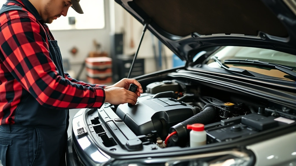 Mechanic performing routine maintenance check on engine bay, tools organized nearby, hands working on vehicle components, professional garage setting with natural lighting