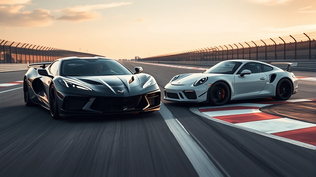 High-performance sports car lineup comparison shot showing Chevrolet Corvette C8 Z06 and Porsche 911 Carrera T side by side on racing circuit, dynamic lighting conditions