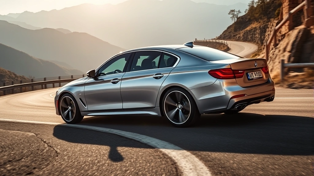 Sleek silver sedan photographed from three-quarter angle on mountain road, dynamic driving position, morning sunlight, curves and elevation changes, performance-oriented styling