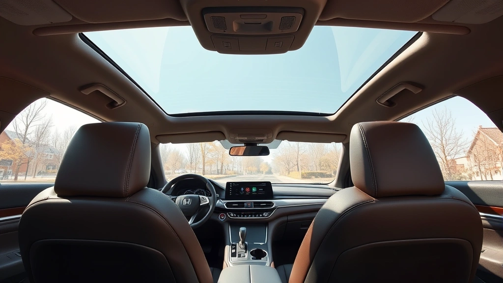 2024 Honda Accord Hybrid interior cabin view showing premium leather seats, panoramic sunroof, and modern dashboard touchscreen display, natural daylight through windows, emphasizing spacious and refined luxury