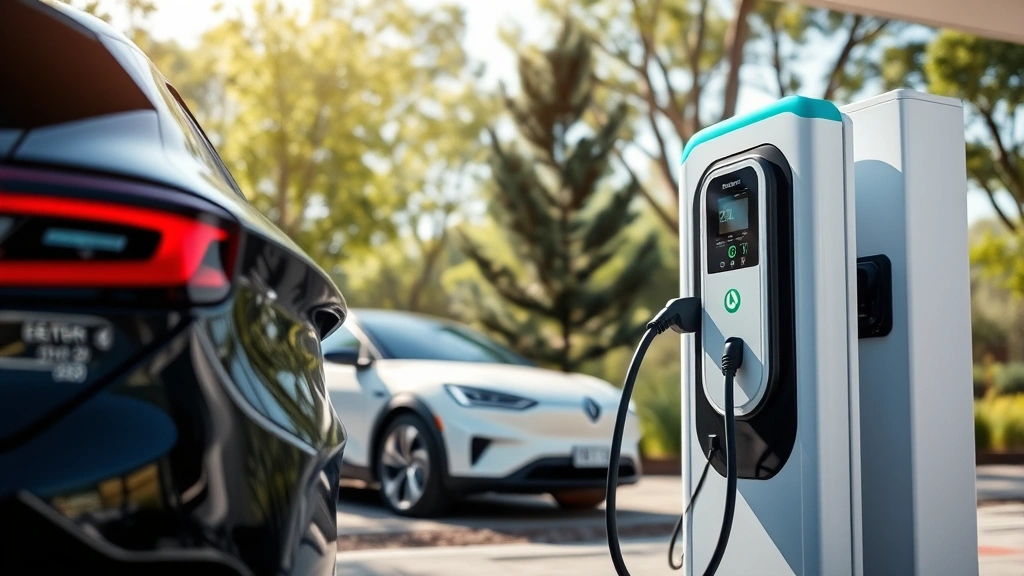 Modern electric vehicle charging at outdoor station with trees in background, clean contemporary design, daylight photography emphasizing sustainability