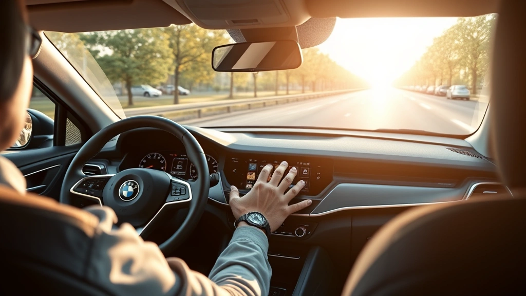 Modern car interior dashboard during daytime testing, driver operating touchscreen infotainment system with careful attention, hands on steering wheel, natural sunlight through windshield illuminating interior controls and materials, photorealistic