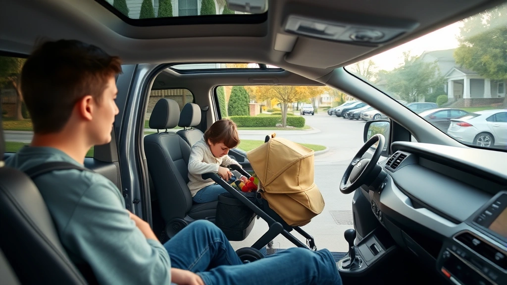 Minivan sliding door open showing easy child access, parent loading stroller into spacious interior, modern dashboard visible, suburban neighborhood setting with parked vehicles