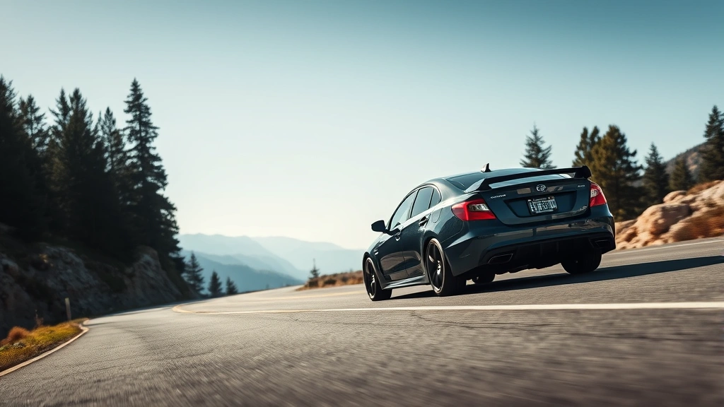 High-performance dark blue sedan on mountain road with curves, dynamic angle showcasing aggressive stance, clear sky and evergreen trees in background, cinematic automotive lighting