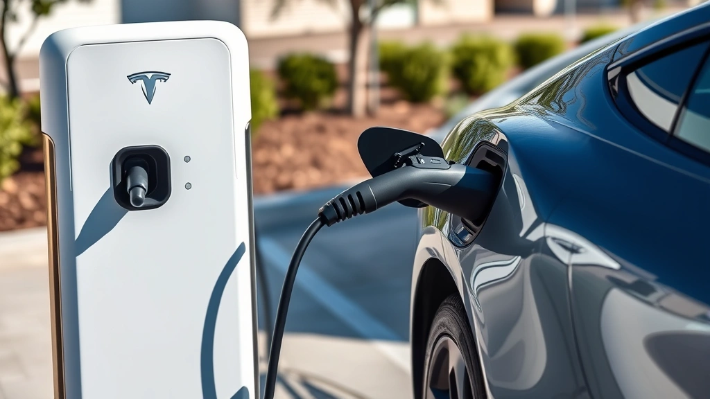 Electric vehicle charging station with modern Tesla or Porsche Taycan plugged in, sleek charging cable, contemporary charging station design, daylight outdoor setting