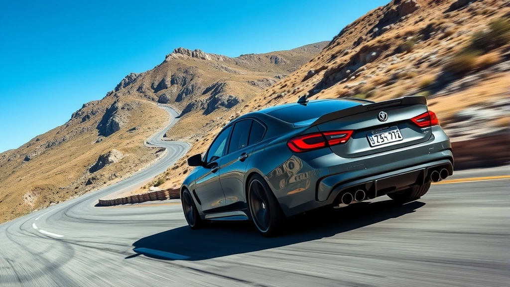 Dynamic shot of sport sedan on winding mountain road, showing responsive handling and athletic stance, motion-implied composition, clear blue sky background