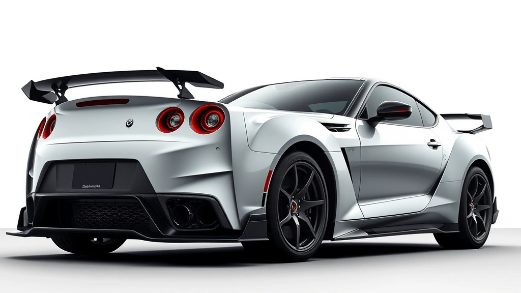 High-performance sports car aggressive stance, dynamic angle showcasing aerodynamic lines, professional automotive lighting, motion-implied composition