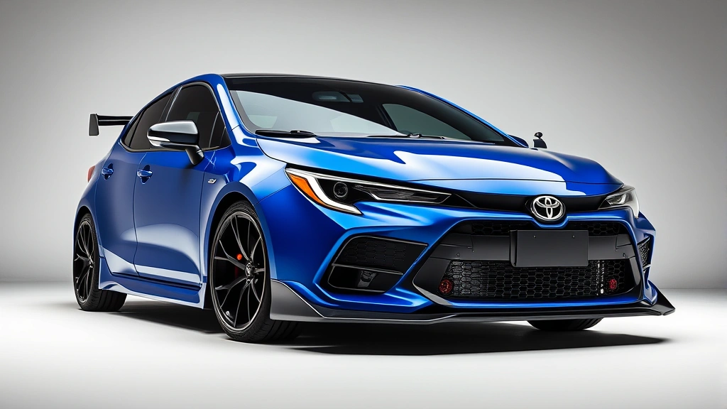 Toyota GR Corolla turbocharged sports car in racing blue metallic paint, three-quarter front view, aggressive stance with lowered suspension, professional studio lighting highlighting performance body kit