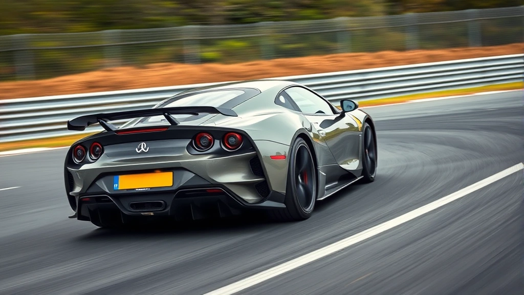 High-performance sports car cornering aggressively on track with motion blur background, dynamic angle, professional automotive photography style