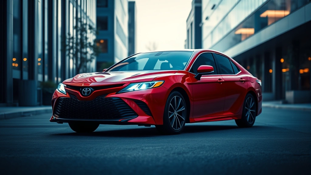 Vibrant red Toyota Camry midsize sedan parked in modern urban setting, clean lines and dynamic lighting, automotive showcase style