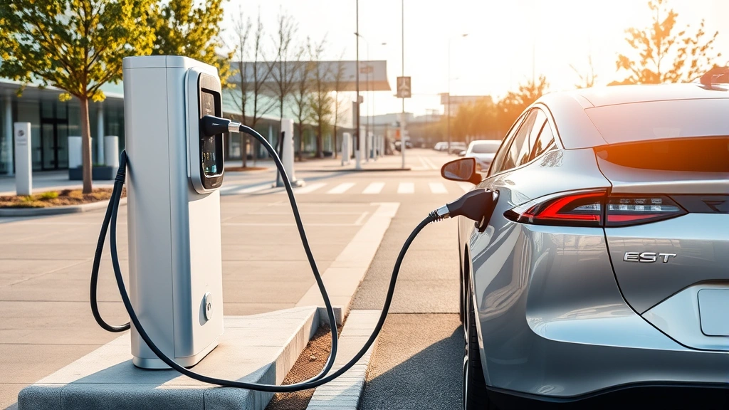 Modern electric vehicle charging station with sleek EV plugged in during daylight, showing contemporary automotive technology infrastructure and sustainable transportation