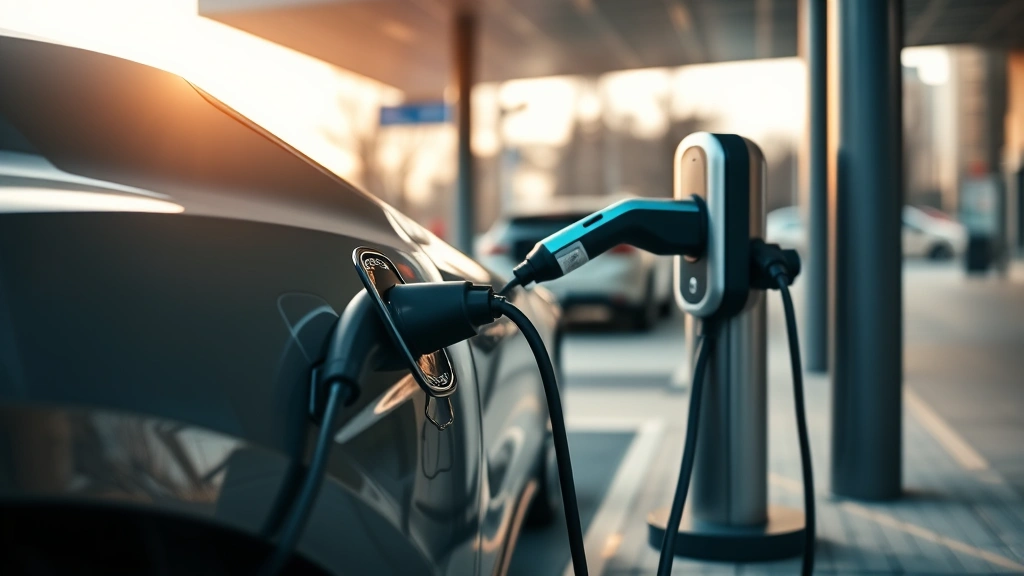 Electric vehicle charging at public station during daytime, sleek EV model plugged in with charging cable, modern urban setting with clean lines, cinematic automotive photography style with shallow depth of field