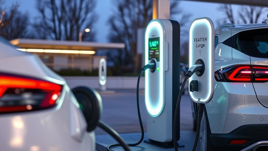 Electric vehicle charging at public charging station with illuminated display panel, modern minimalist design, daytime outdoor setting