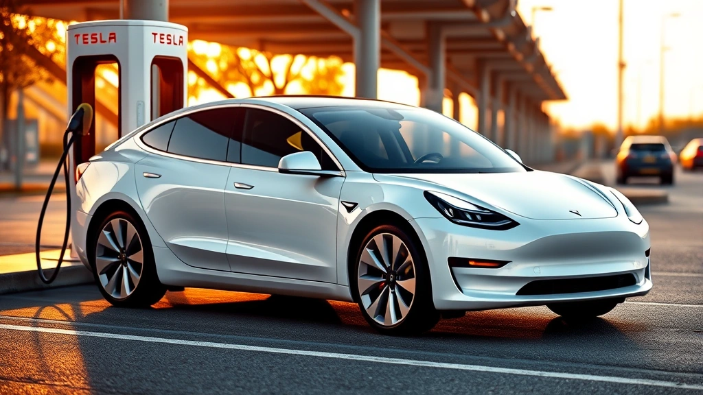 Sleek Tesla Model 3 Long Range sedan in pearl white multi-coat, positioned at a Supercharger station with charging cable connected, modern minimalist design emphasized through clean lines and aerodynamic profile, golden hour sunset lighting creating warm ambient glow on the vehicle's smooth surfaces, urban charging infrastructure visible in soft focus background