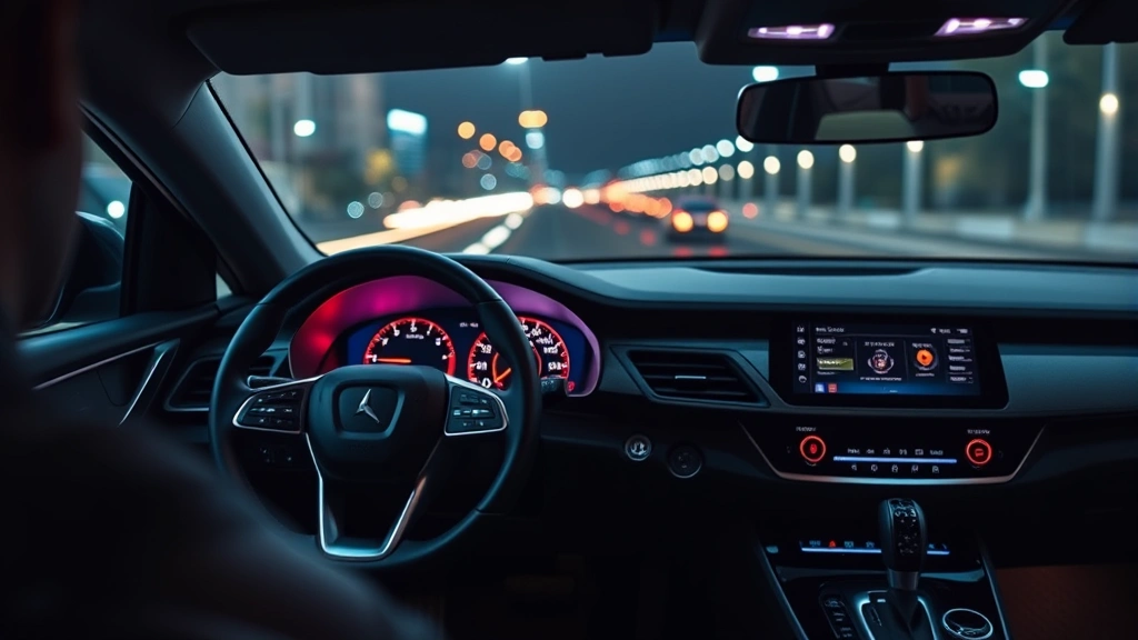 Luxury sedan interior dashboard closeup, leather steering wheel, digital instrument cluster glowing, ambient interior lighting, modern infotainment touchscreen display