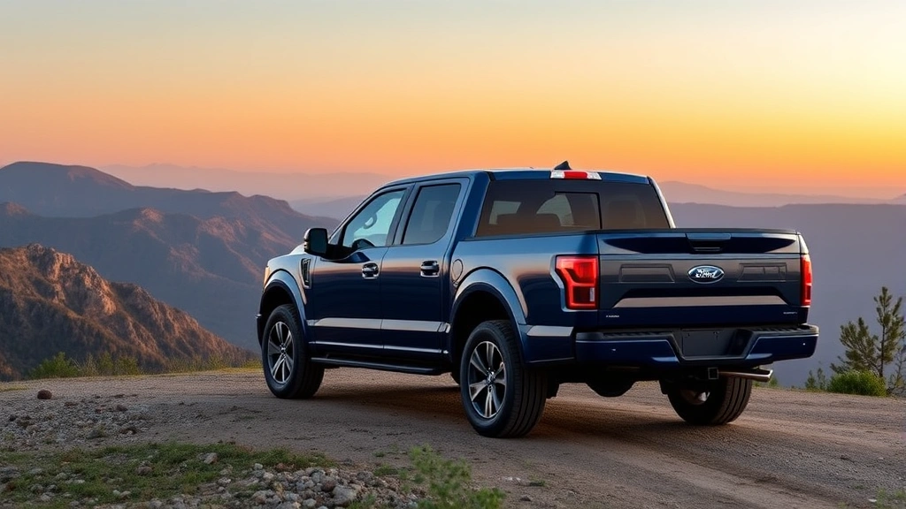 2024 Ford F-150 PowerBoost hybrid truck on mountain overlook, midnight blue finish, full-size truck profile, scenic background landscape