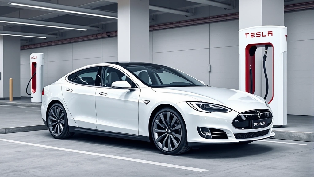 Tesla Model S Plaid in pearl white multi-coat parked at modern Supercharger station with contemporary charging equipment, clean minimalist setting showcasing electric vehicle charging infrastructure