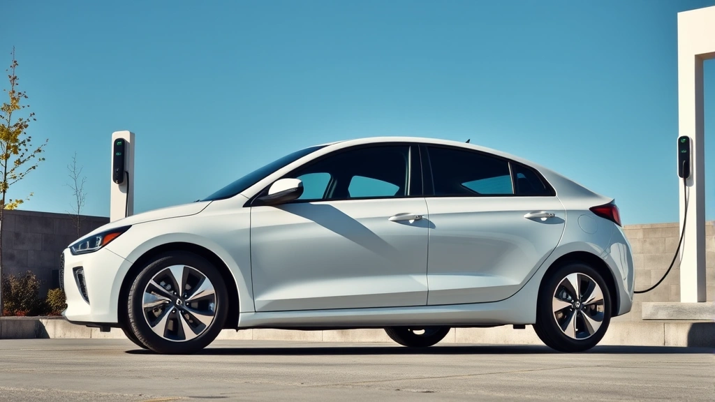 Hyundai Ioniq 6 sedan in pearl white displayed outdoors near contemporary charging station with blue sky background, aerodynamic profile highlighting efficiency design