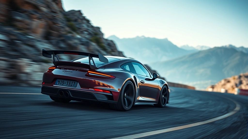 Mid-engine sports car cornering on mountain road, dynamic motion blur background, aggressive aerodynamic stance, performance tires gripping asphalt, professional automotive photography