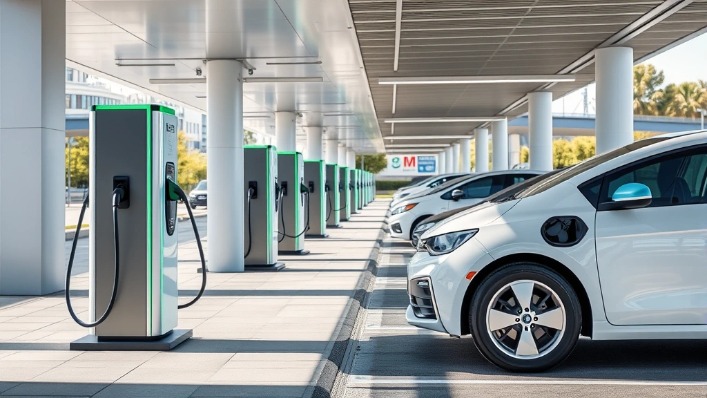 Electric vehicle charging at modern public station with sleek design, contemporary setting, bright daylight, clean composition without signage