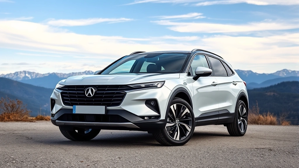 Modern SUV crossover parked in scenic landscape with mountains in background, three-quarter front angle, natural daylight, professional automotive styling, high-resolution photography
