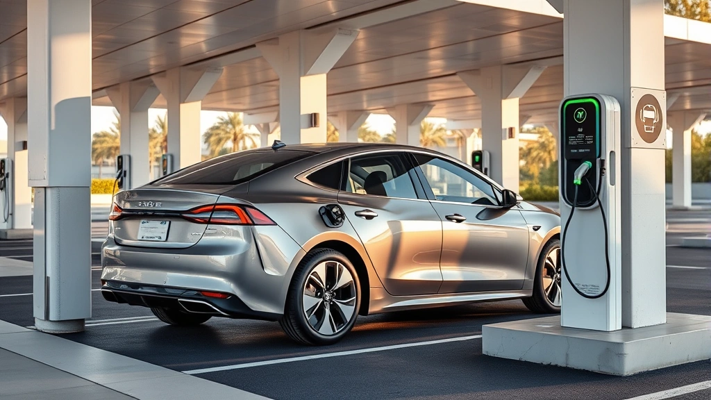 Modern electric sedan charging at station, sleek design, contemporary charging infrastructure, daylight, professional automotive imagery