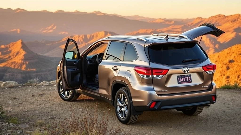 Toyota Highlander three-row SUV parked in scenic mountain overlook, all-wheel-drive capability shown, spacious interior visible through open doors, family-friendly design emphasized, golden hour lighting
