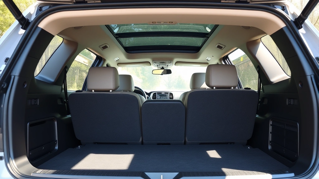 Spacious family SUV interior showing three-row seating configuration with open cargo area, natural daylight through windows, modern dashboard visible, no people