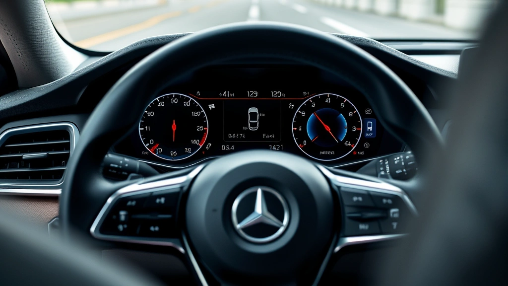 Close-up of modern vehicle interior dashboard showing advanced driver assistance system displays, digital instrument cluster with multiple information screens, premium materials and ergonomic steering wheel design