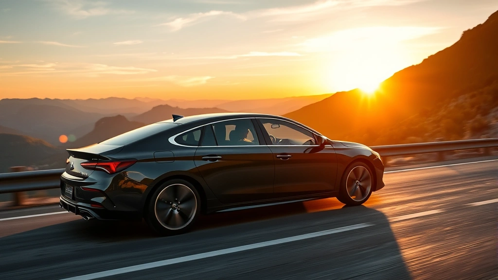 Sleek luxury sedan on mountain road with sunset backdrop, modern design, premium leather interior visible through windows, dynamic driving angle