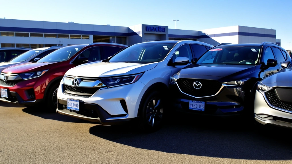 Diverse lineup of recommended vehicles parked together in outdoor automotive showcase setting, morning sunlight, emphasizing Honda, Toyota, and Mazda models, clear blue sky background