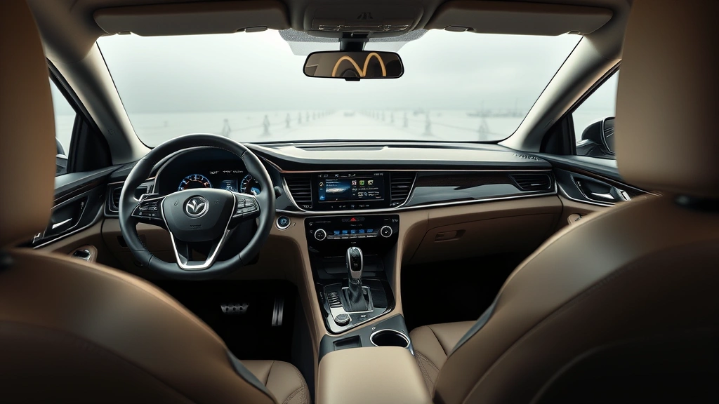 Midsize sedan interior dashboard and steering wheel, modern technology displays, premium leather seats, soft ambient lighting, clean contemporary design