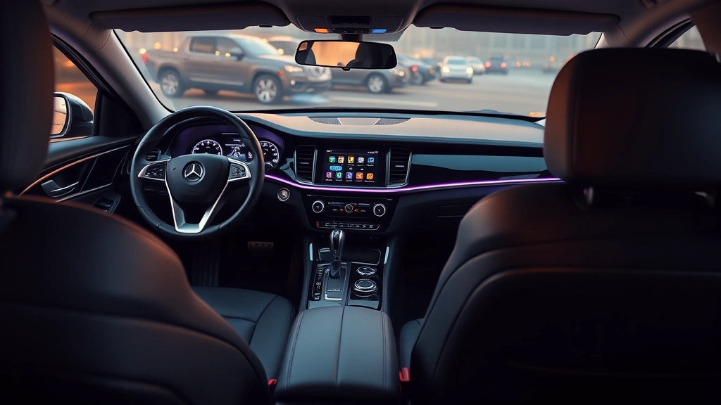 Luxury sedan interior dashboard featuring premium leather seating, ambient lighting system activated, touchscreen infotainment display visible, soft-focus background