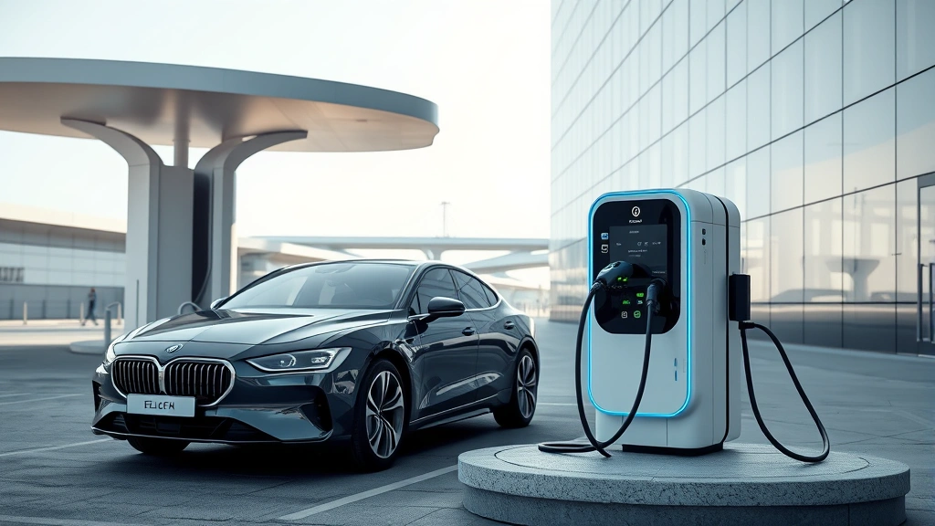 Electric vehicle charging at modern public charging station, minimalist contemporary architecture background, futuristic infrastructure design, daylight, clean modern composition emphasizing sustainability technology