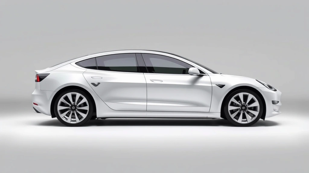 Tesla Model 3 Long Range electric sedan side profile view, pearl white multi-coat finish, sleek aerodynamic design, minimalist styling, professional studio lighting, neutral background, automotive showcase photography