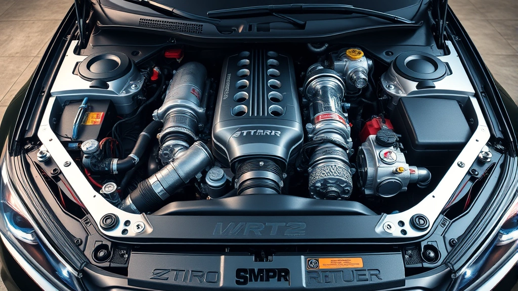 High-performance turbocharged sedan engine bay showing chrome components and mechanical details, professional automotive photography lighting