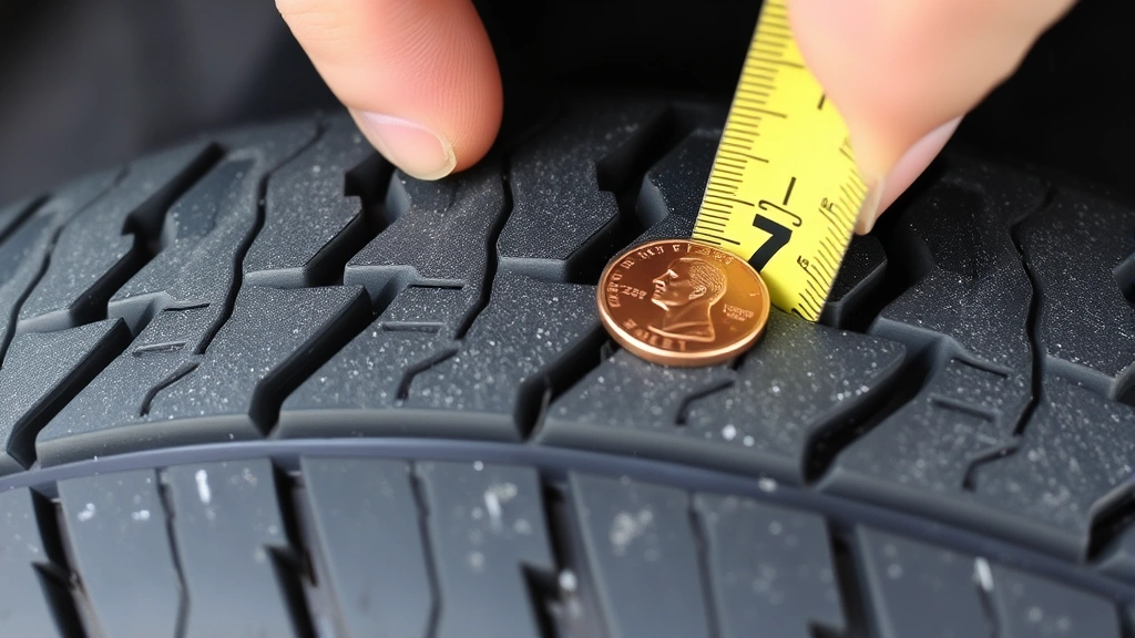 Close-up of tire tread depth measurement using penny test method on vehicle tire, showing clear tread pattern and measurement technique