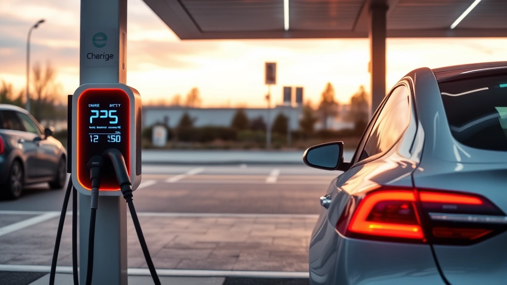 Electric vehicle charging at public station with LED display showing charge progress, realistic automotive scene